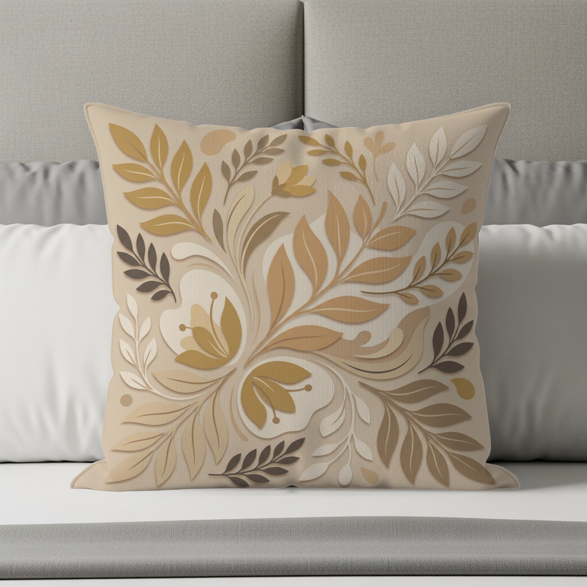 Beige decorative pillow with floral leaf pattern on a bed.
