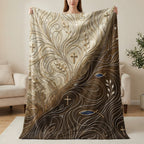 Cream and brown patterned blanket with crosses and fish symbols.