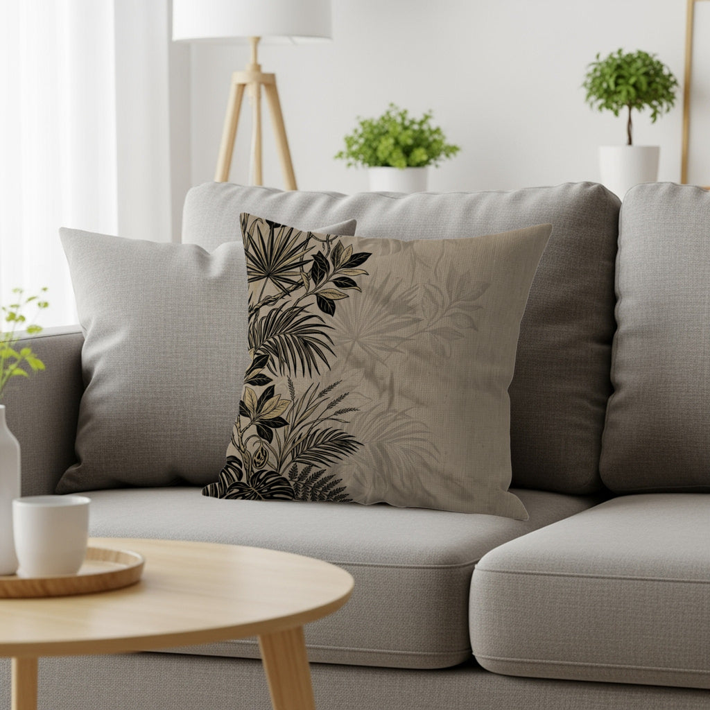 Beige throw pillow with tropical leaf pattern on a gray sofa.