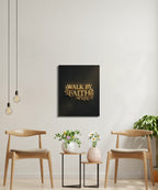 Golden "Walk by Faith" text on dark canvas between two chairs and plants.