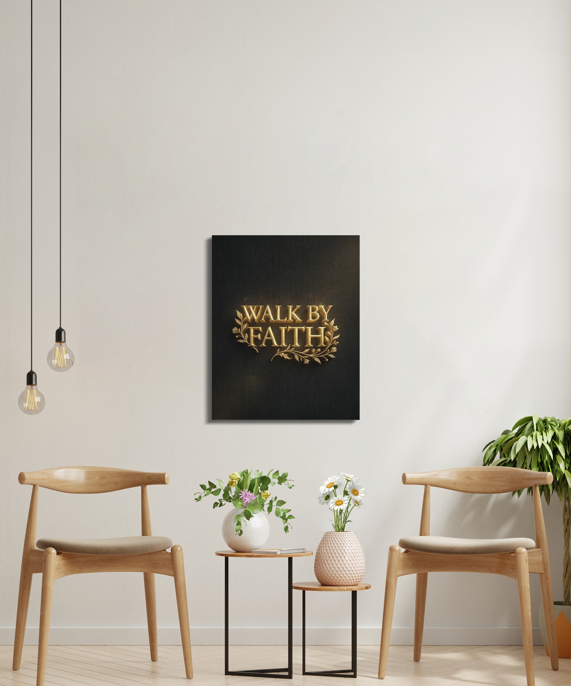 Golden "Walk by Faith" text on dark canvas between two chairs and plants.