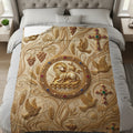 Lamb of God in ornate circular frame with crosses and doves on textured blanket.