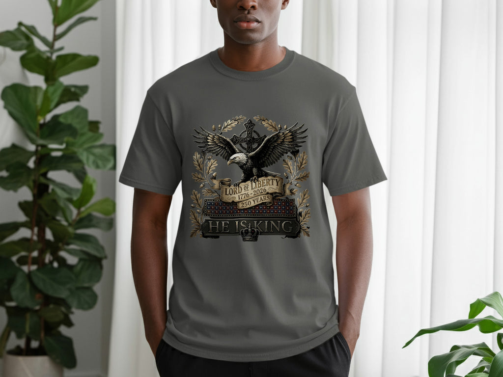 Gray t-shirt with eagle graphic, "Lord of Liberty" text, and wreath.