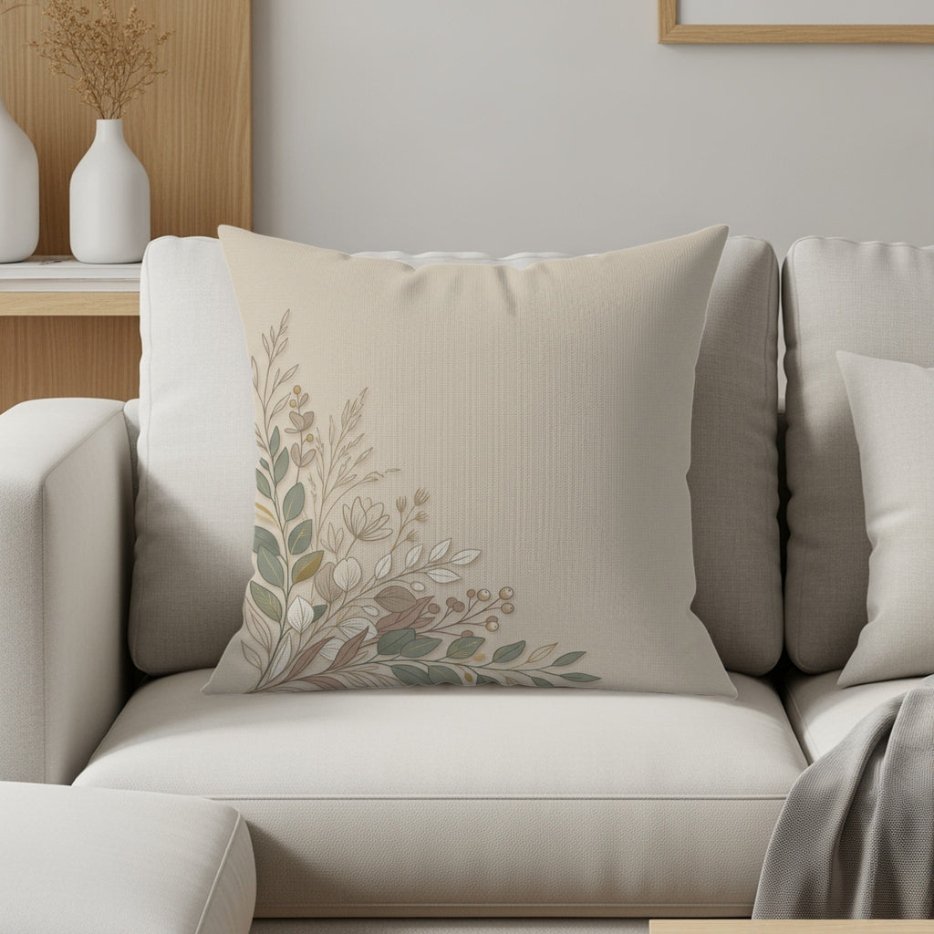 Cream throw pillow with delicate floral botanical design in corner on sofa.