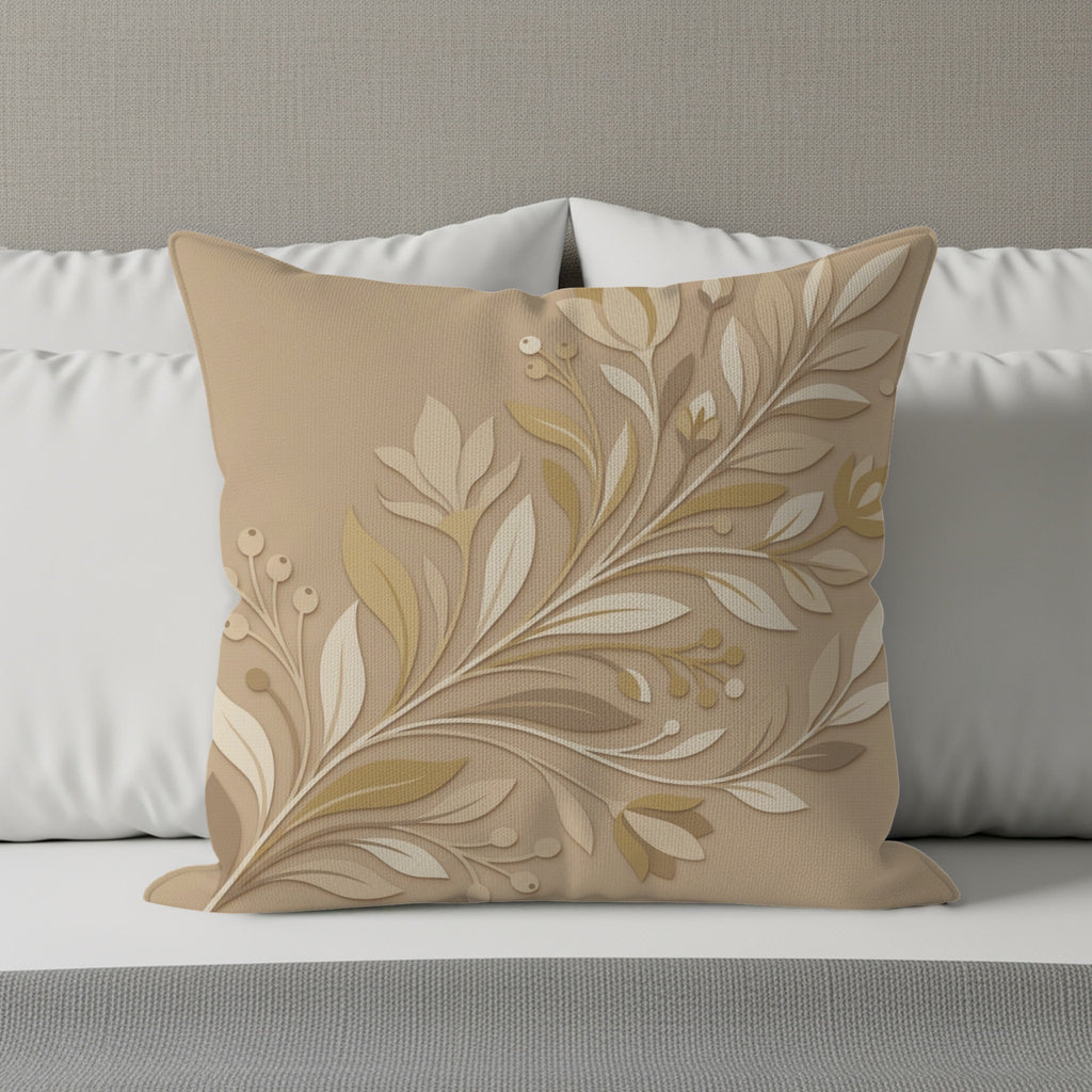 Beige throw pillow with an embossed floral vine design on a bed.