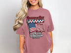 T-shirt with American flag and text "Running the Race for the Kingdom 1776-2026".