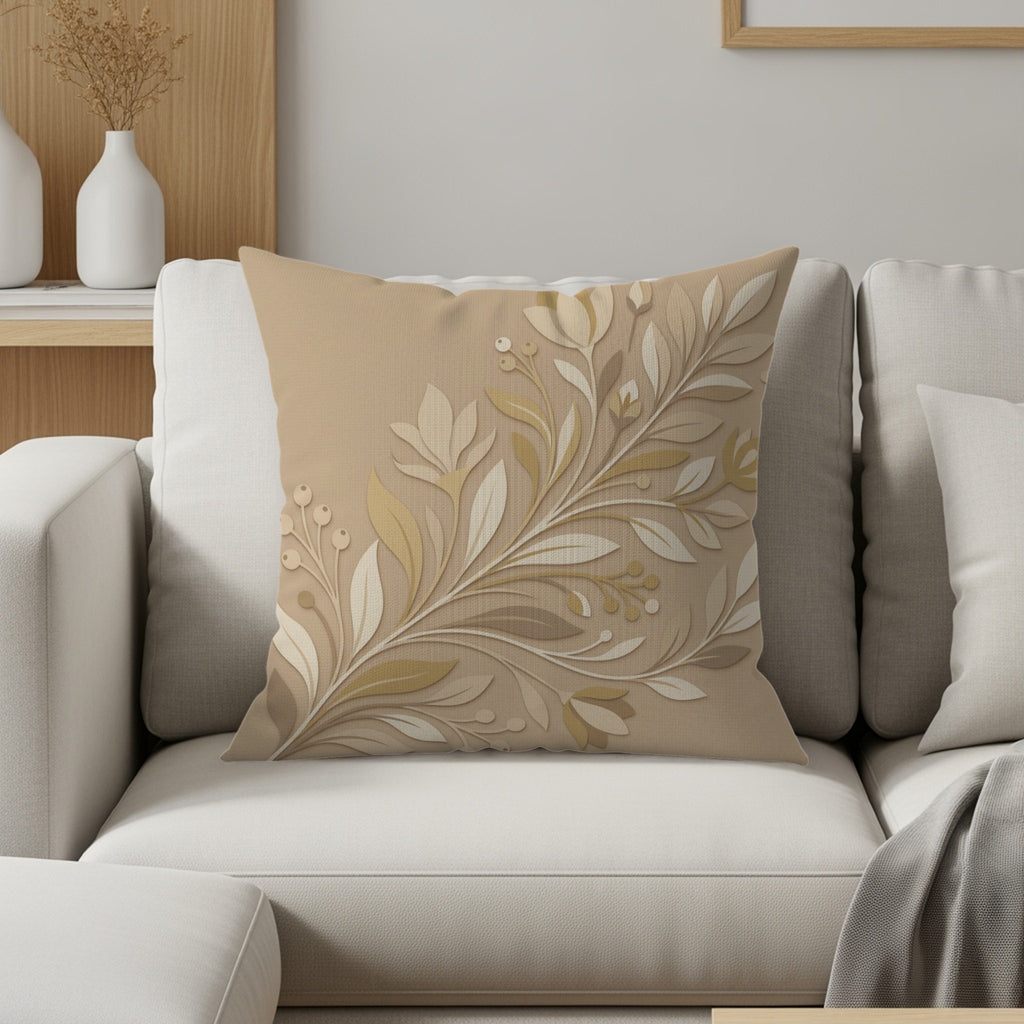 Beige throw pillow with embossed floral design on a white sofa.