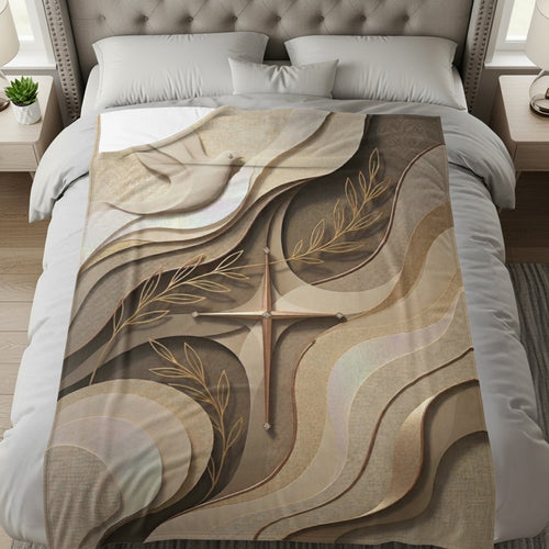 Cross with dove and olive branches on a textured, neutral background.