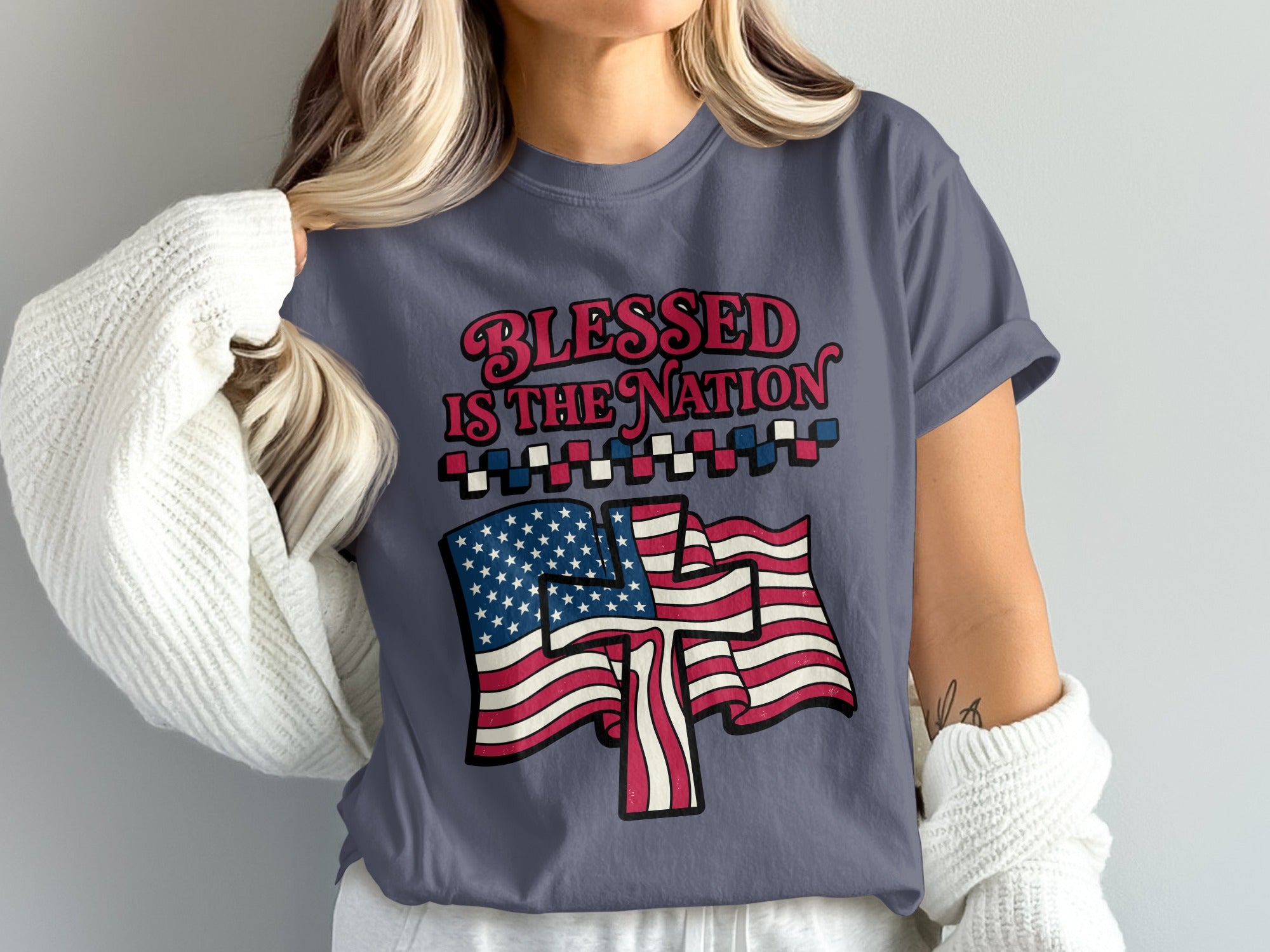 Gray t-shirt with "Blessed is the Nation" and American flag design.