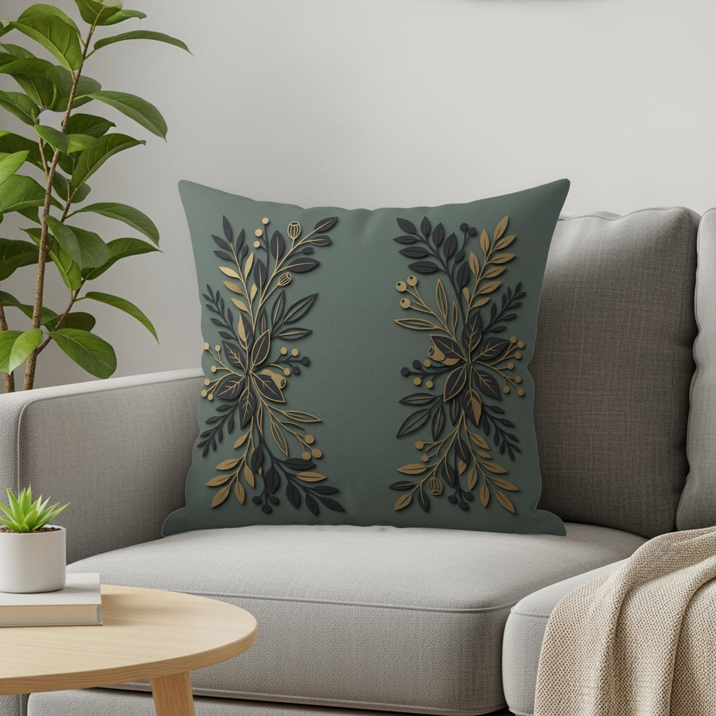 Green decorative throw pillow with gold and dark green floral vine design.