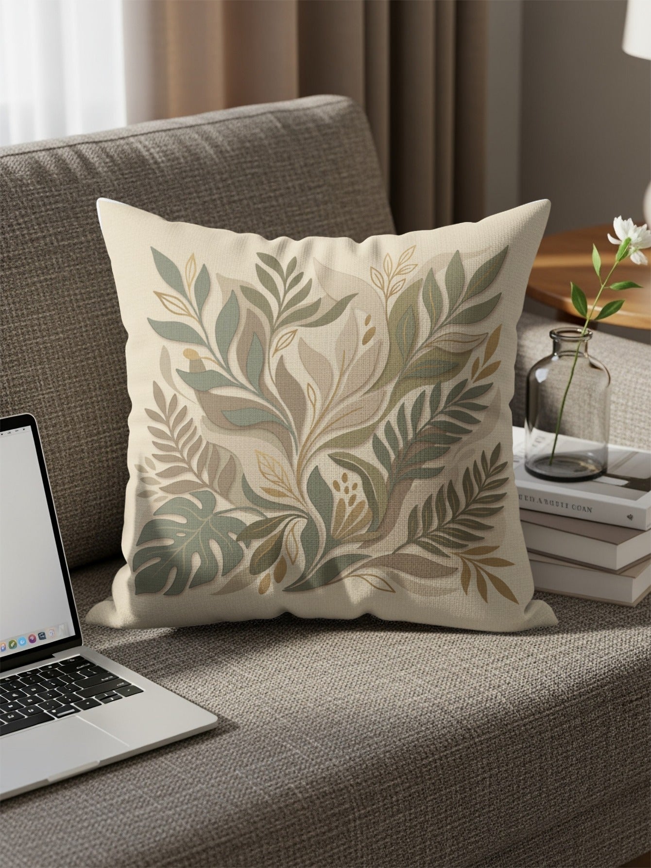 Beige pillow with botanical leaf pattern on a couch.