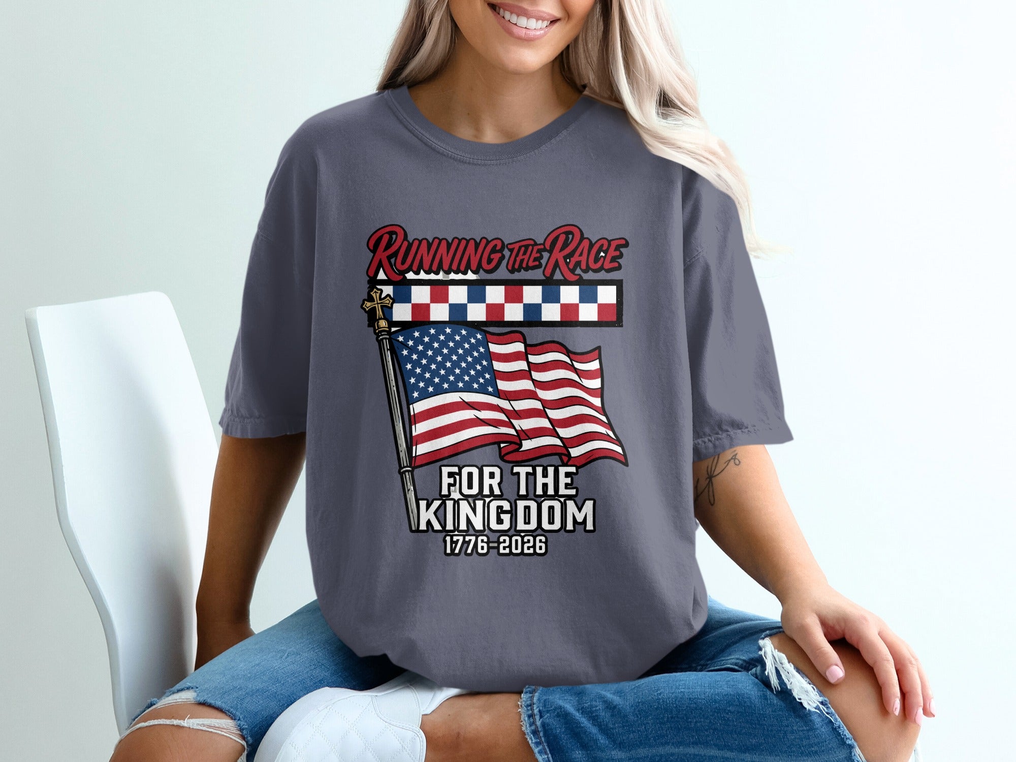 T-shirt graphic with American flag and "Running the Race for the Kingdom 1776-2026".