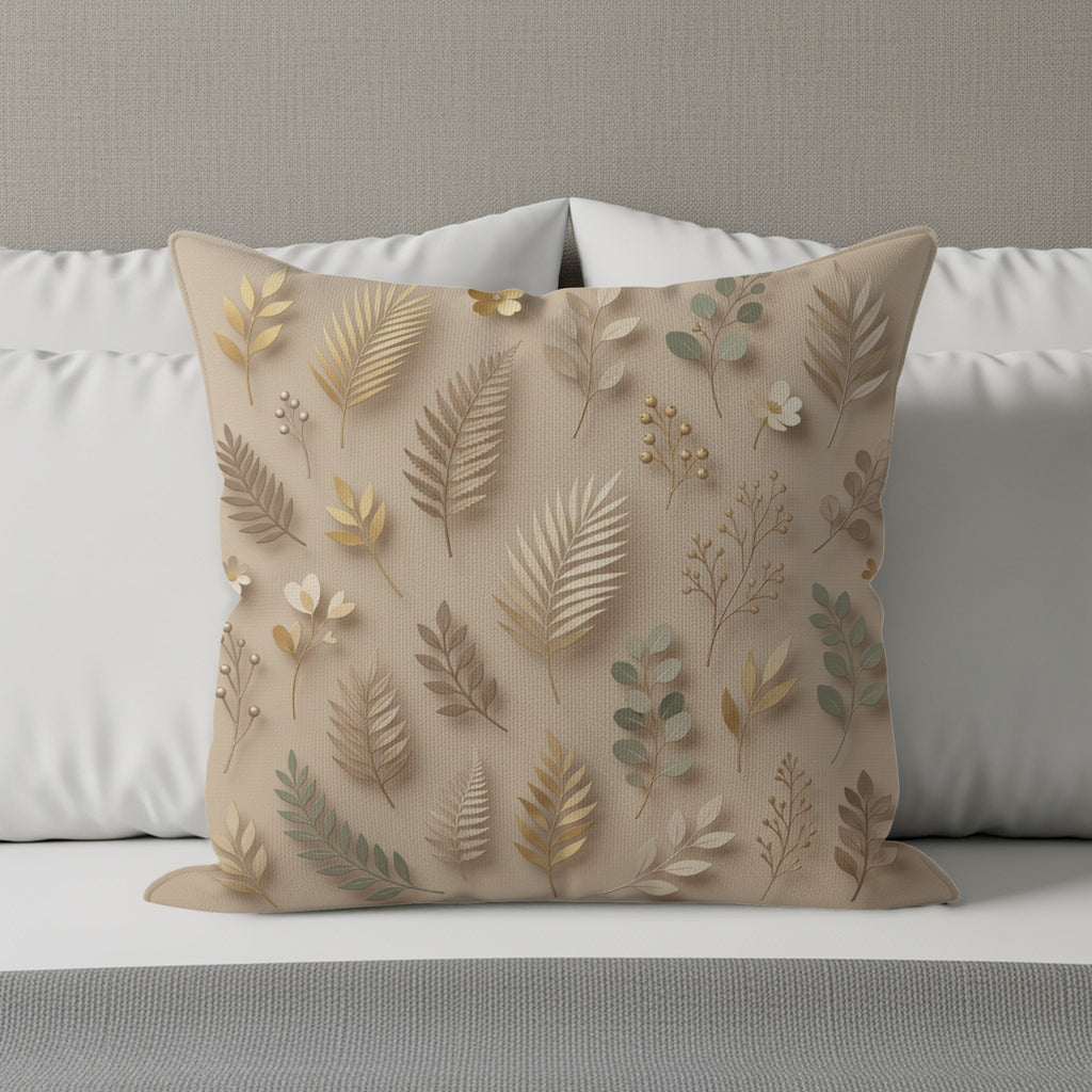 Beige throw pillow with a repeating pattern of golden and green botanical elements.