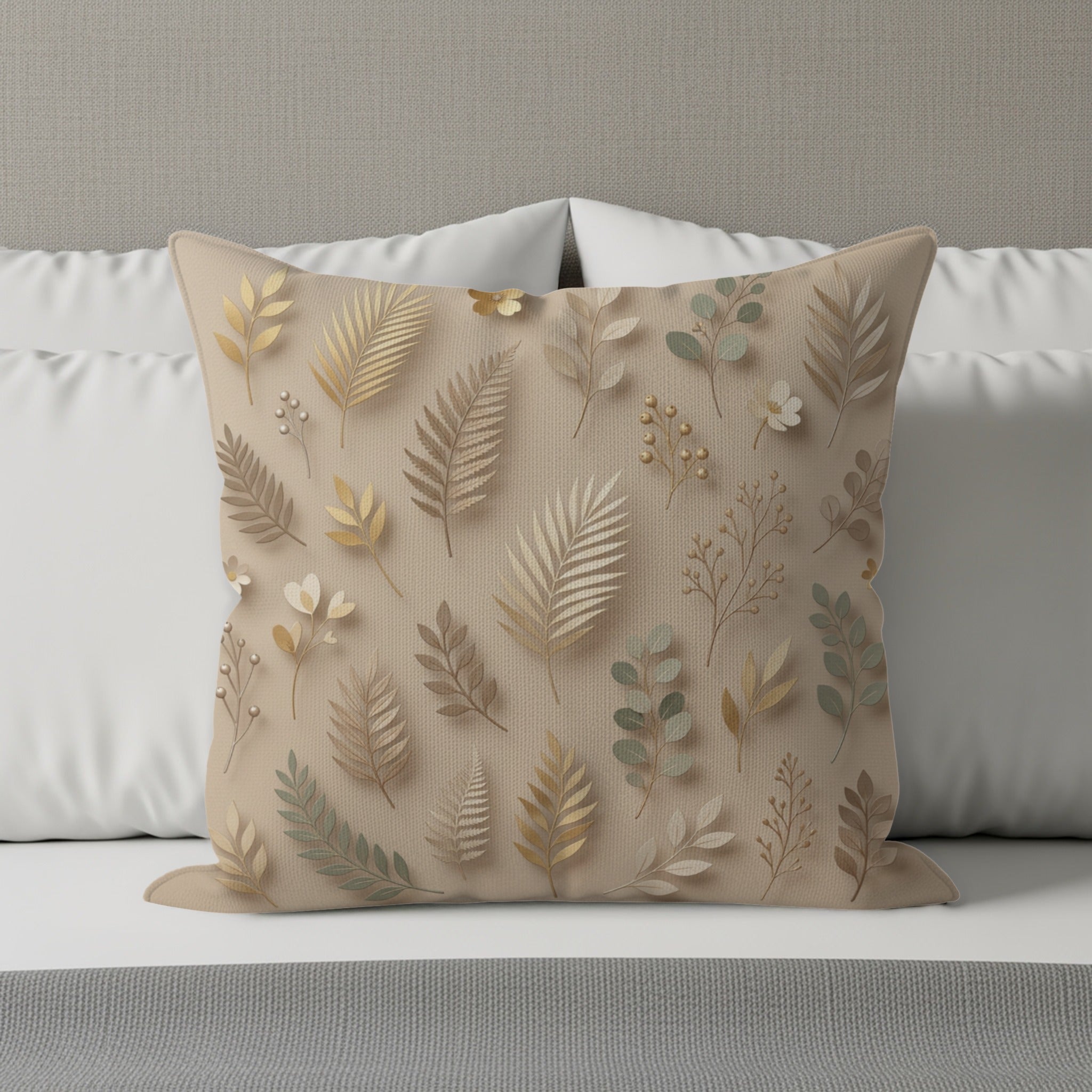 Beige throw pillow with a repeating pattern of golden and green botanical elements.