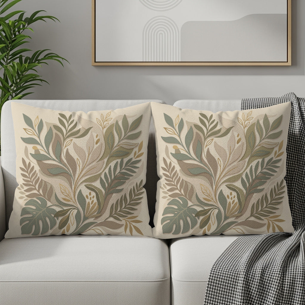 Two beige throw pillows with a botanical leaf pattern on a sofa.