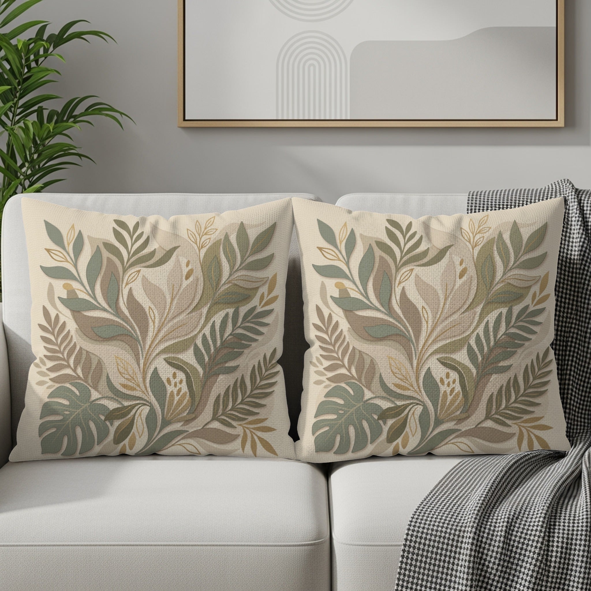 Two beige throw pillows with a botanical leaf pattern on a sofa.