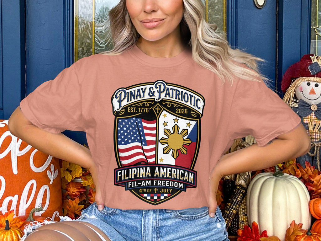 Filipina American Pinay & Patriotic t-shirt with shield design and American flag.