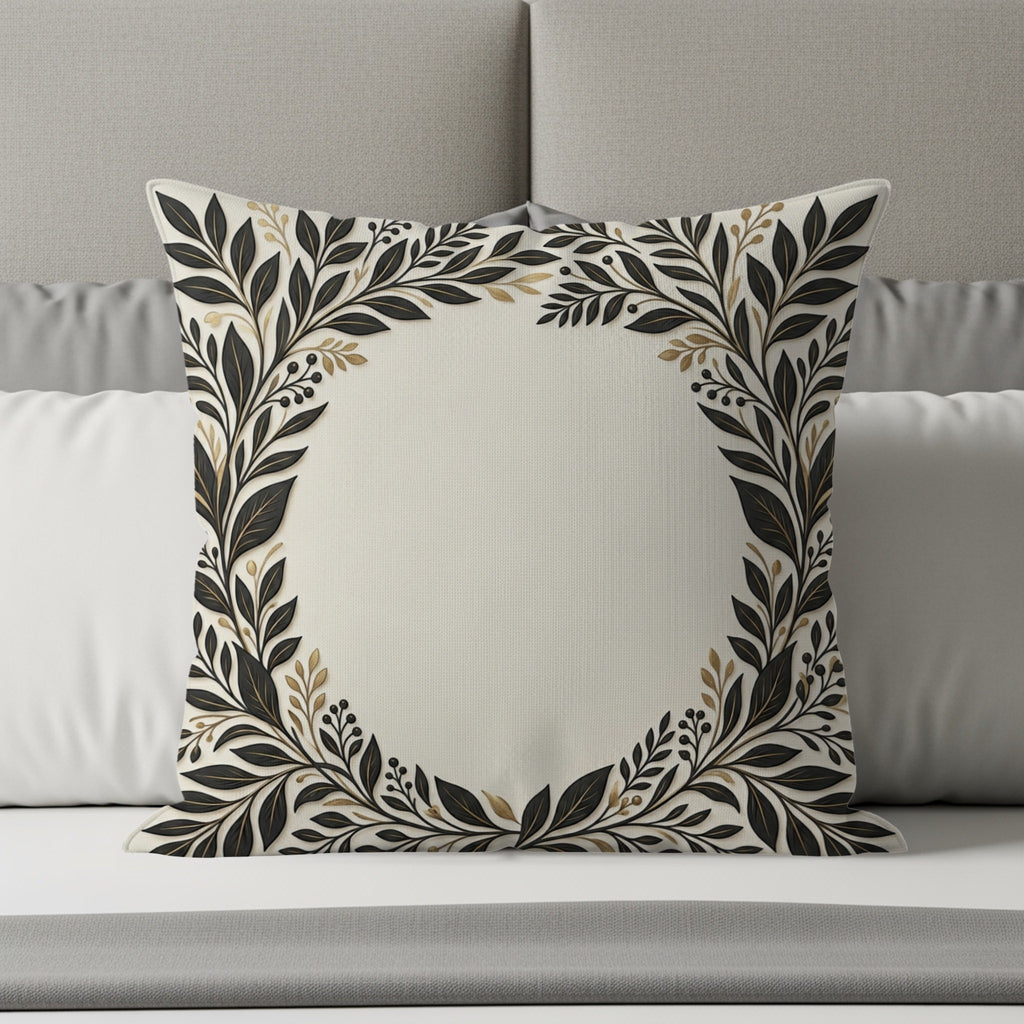 Square throw pillow with ornate gold and black floral wreath design.
