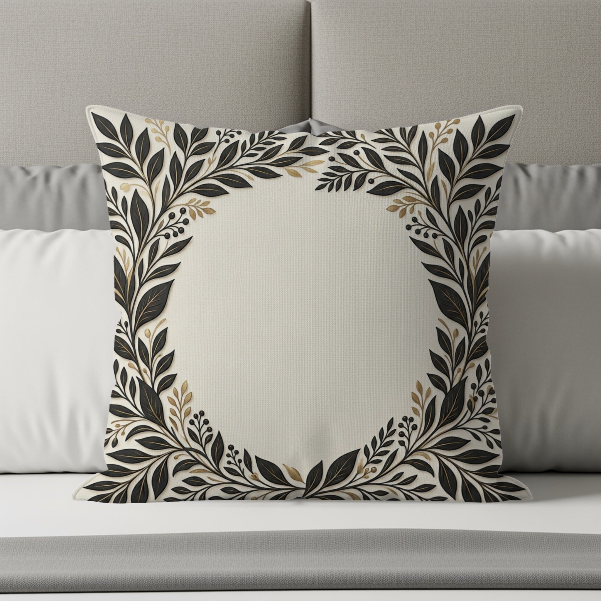 Square throw pillow with ornate gold and black floral wreath design.