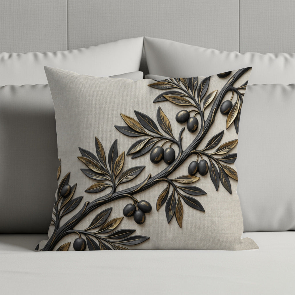 Pillow with a raised gold and dark green olive branch design.