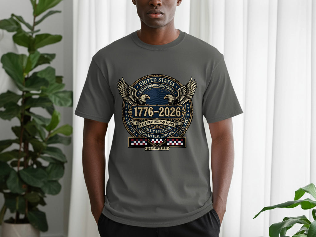 Gray t-shirt with "United States Quarterquicentennial 1776-2026" emblem.