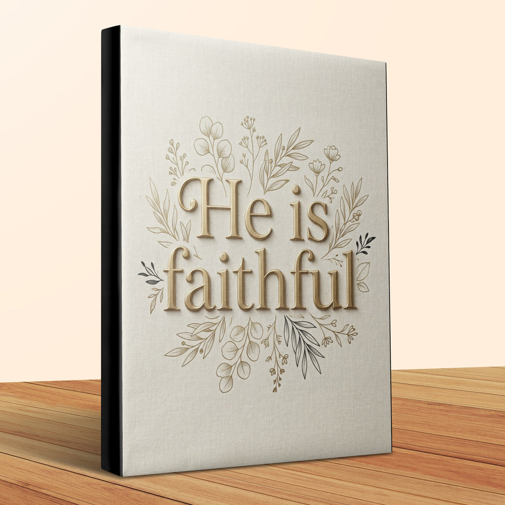 Book with "He is faithful" text and floral design on beige cover.