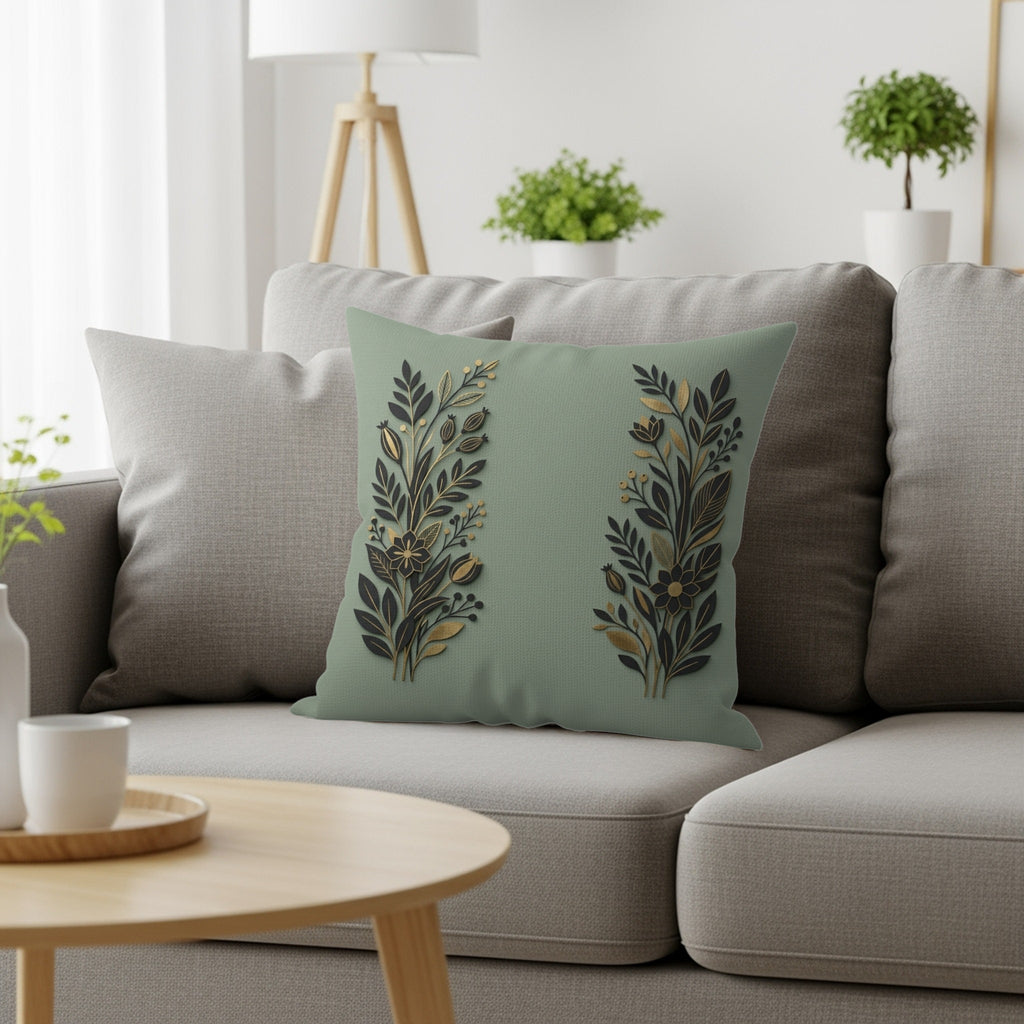 Sage green throw pillow with gold and black floral design on a gray sofa.