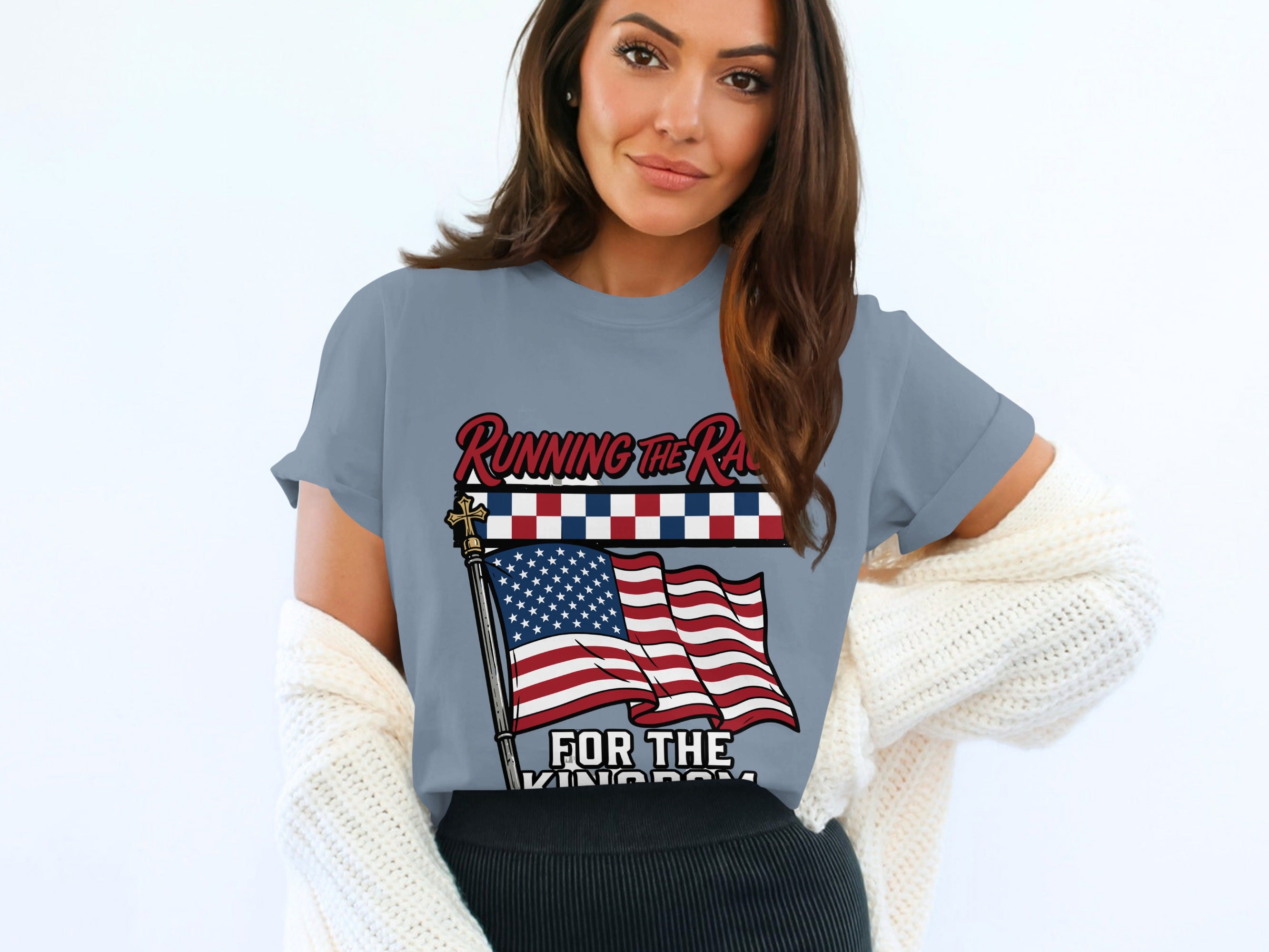 Woman in gray t-shirt with American flag and "Running the Race" text.