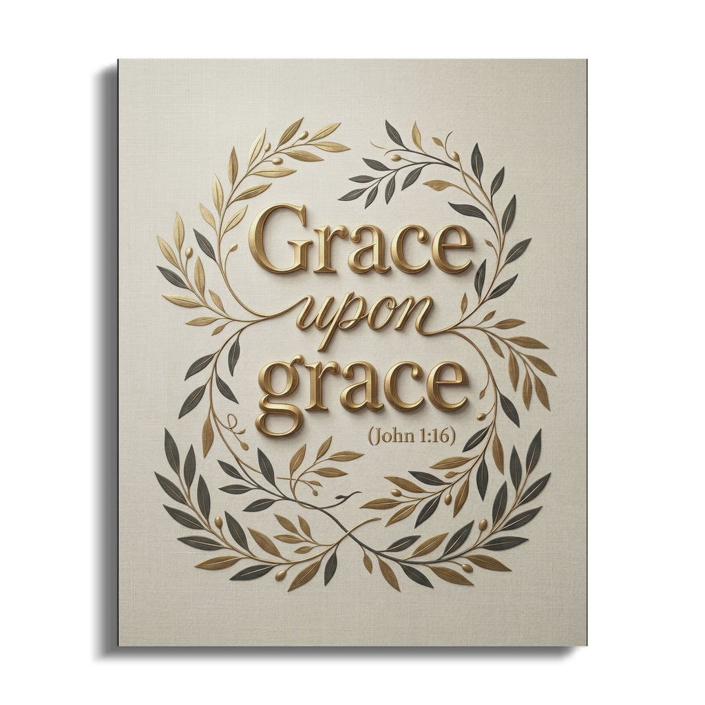 "Grace upon grace" text in ornate gold and olive branches on canvas.