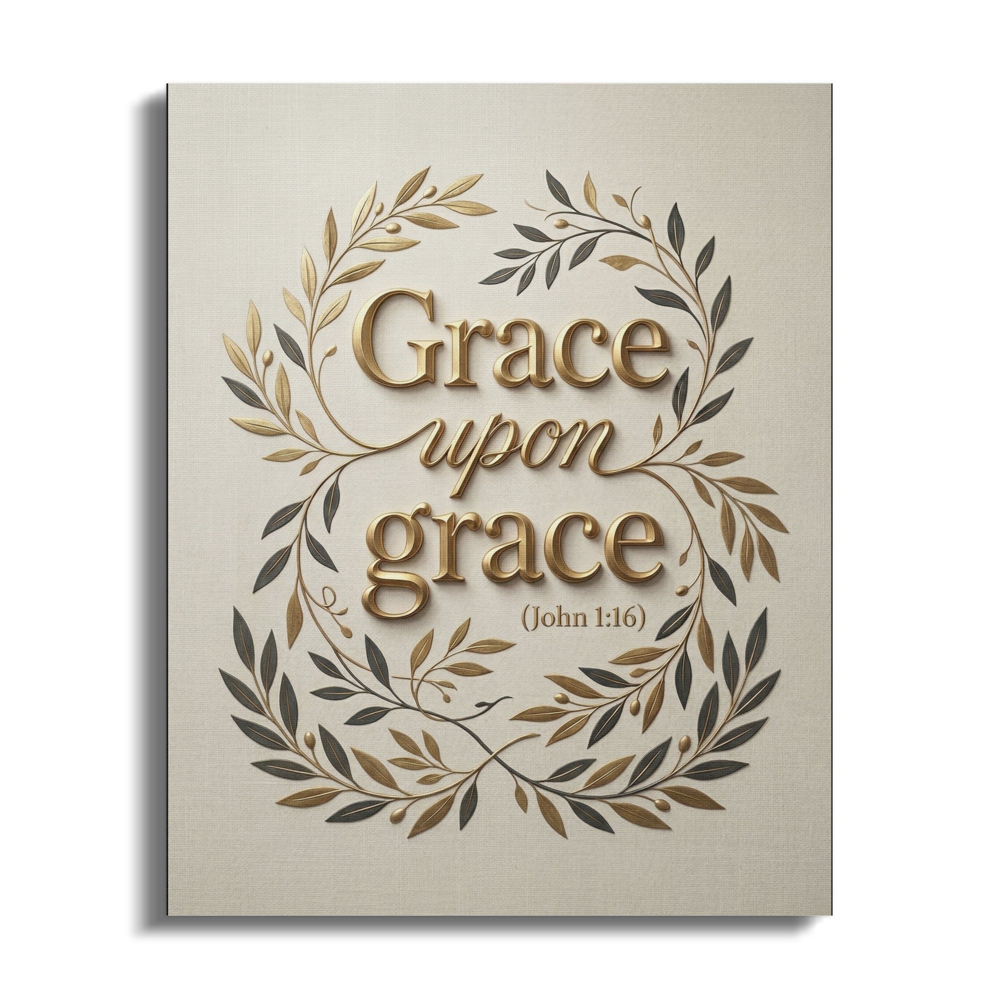 "Grace upon grace" text in ornate gold and olive branches on canvas.