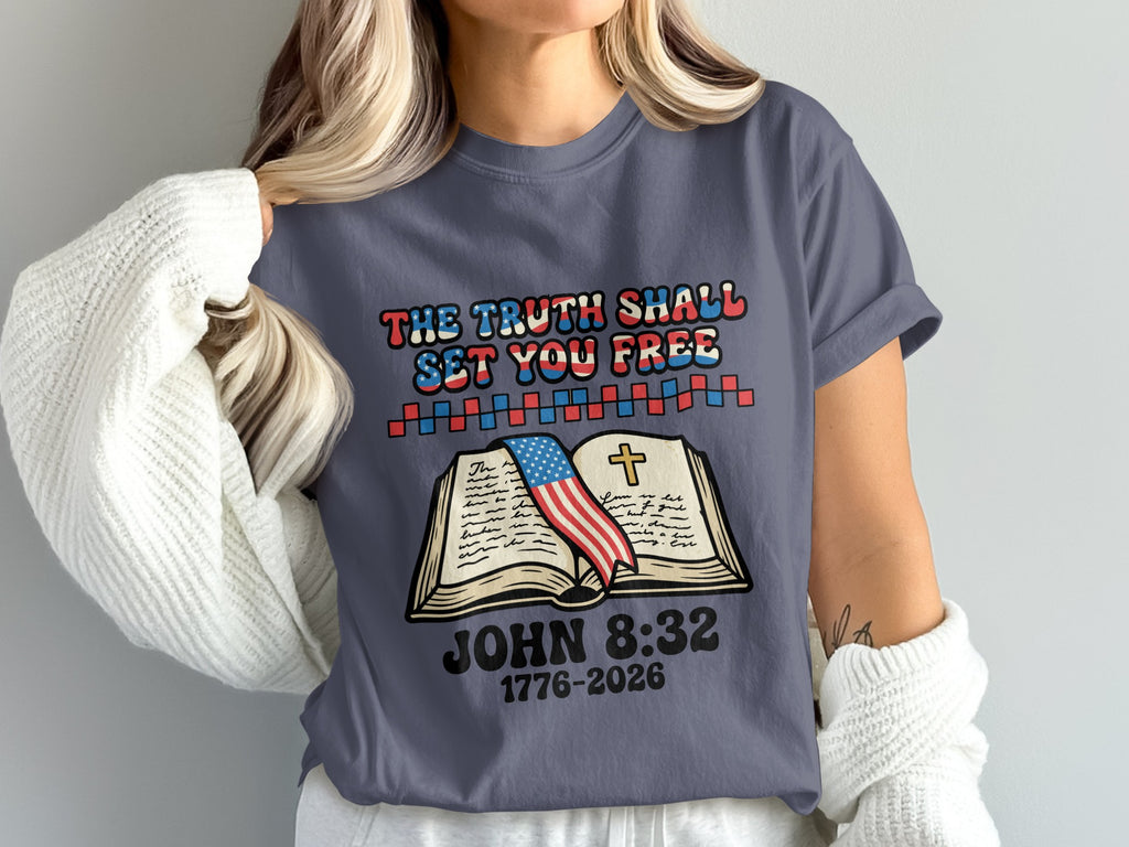 T-shirt with open Bible, cross, and text "The Truth Shall Set You Free" and "John 8:32".