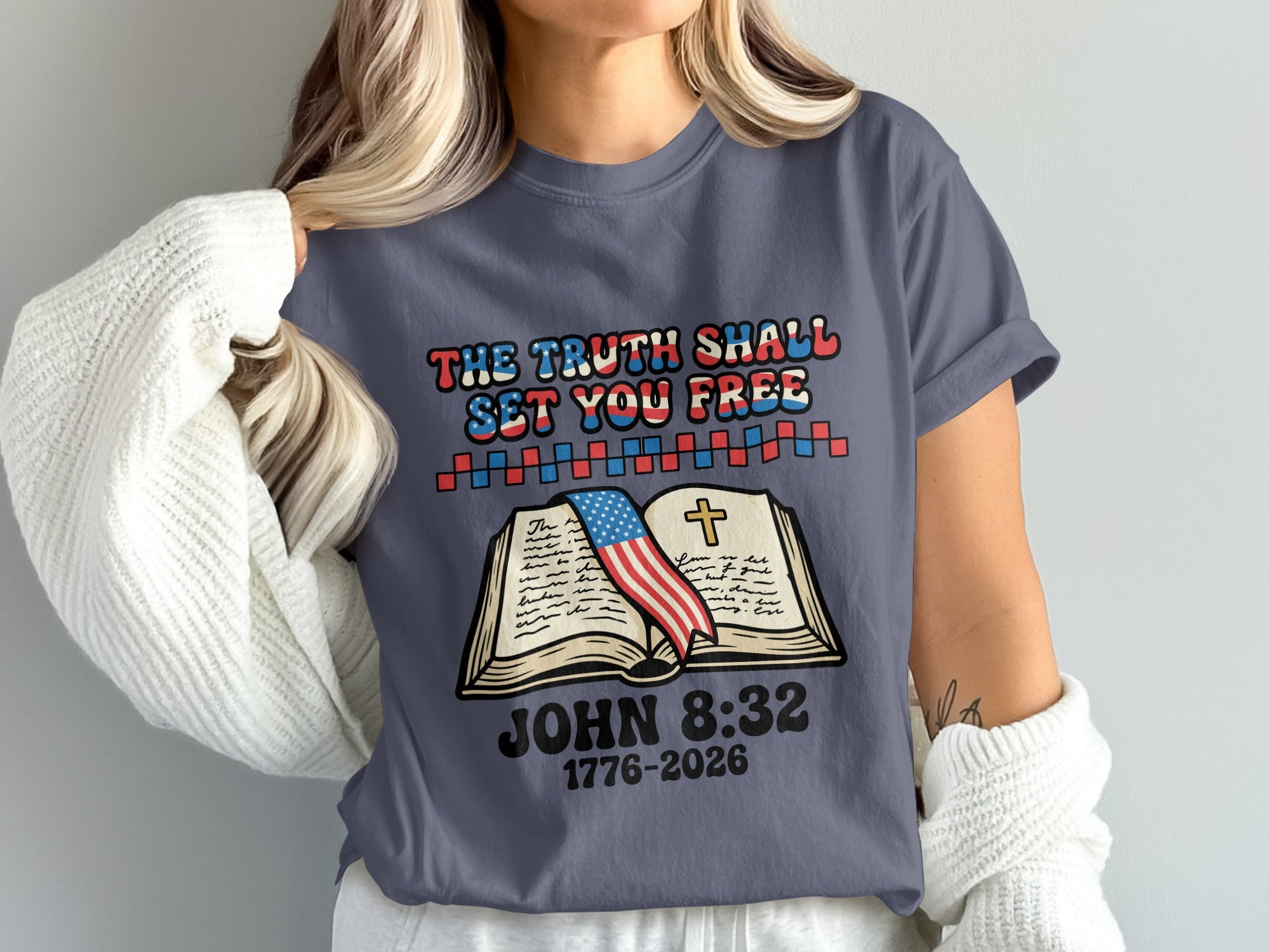 T-shirt with open Bible, cross, and text "The Truth Shall Set You Free" and "John 8:32".