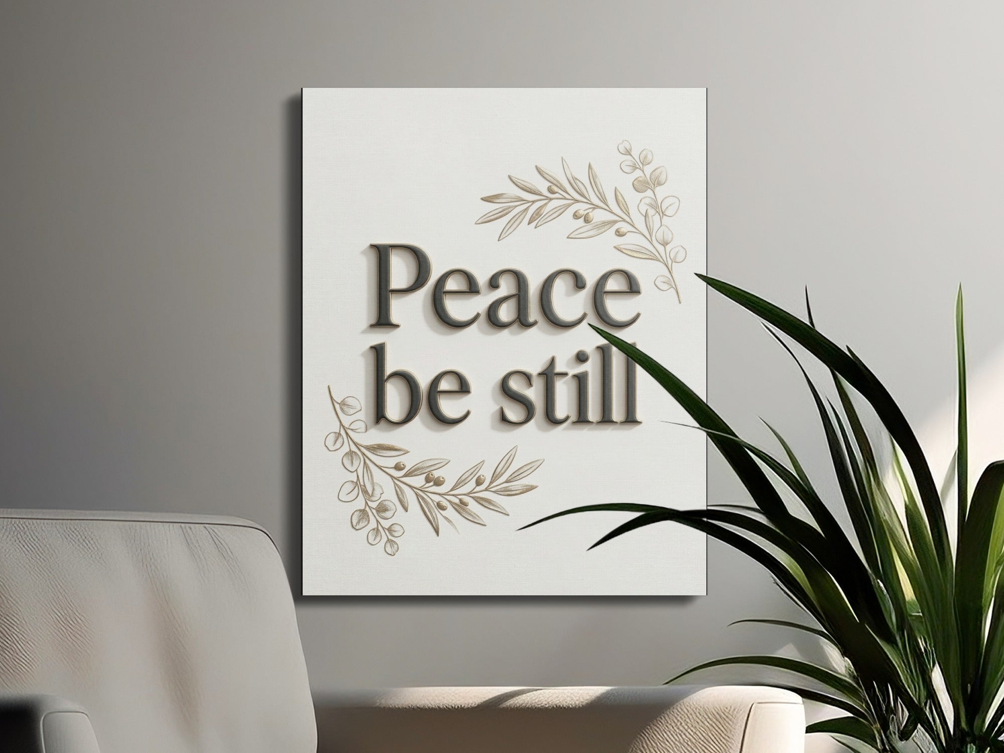 Wall art with "Peace be still" text and olive branches.