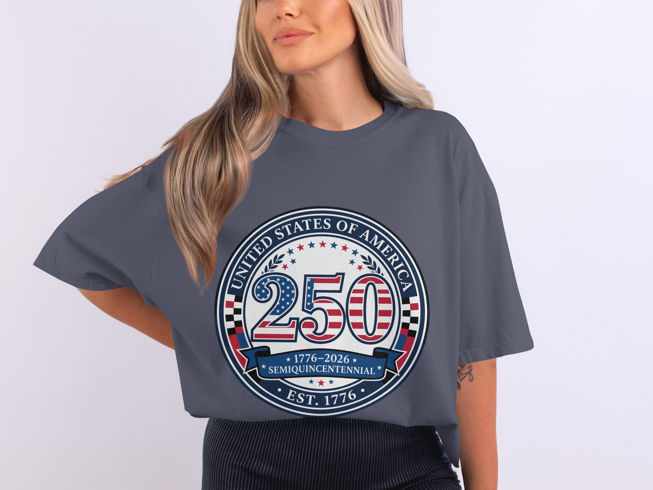 United States of America 250 Semiquincentennial logo on a charcoal t-shirt.