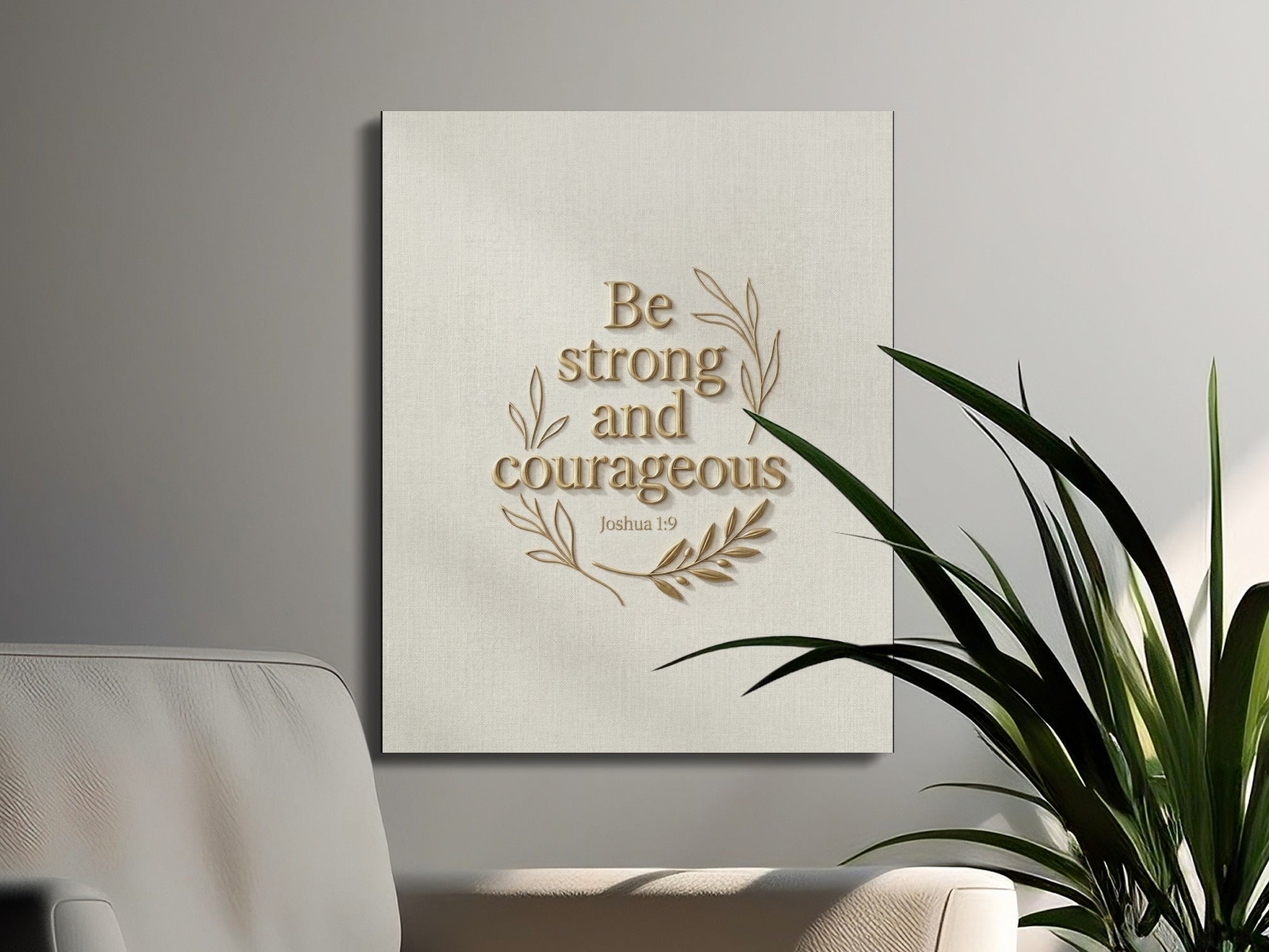 Be strong and courageous text on canvas art, with decorative leaf design.