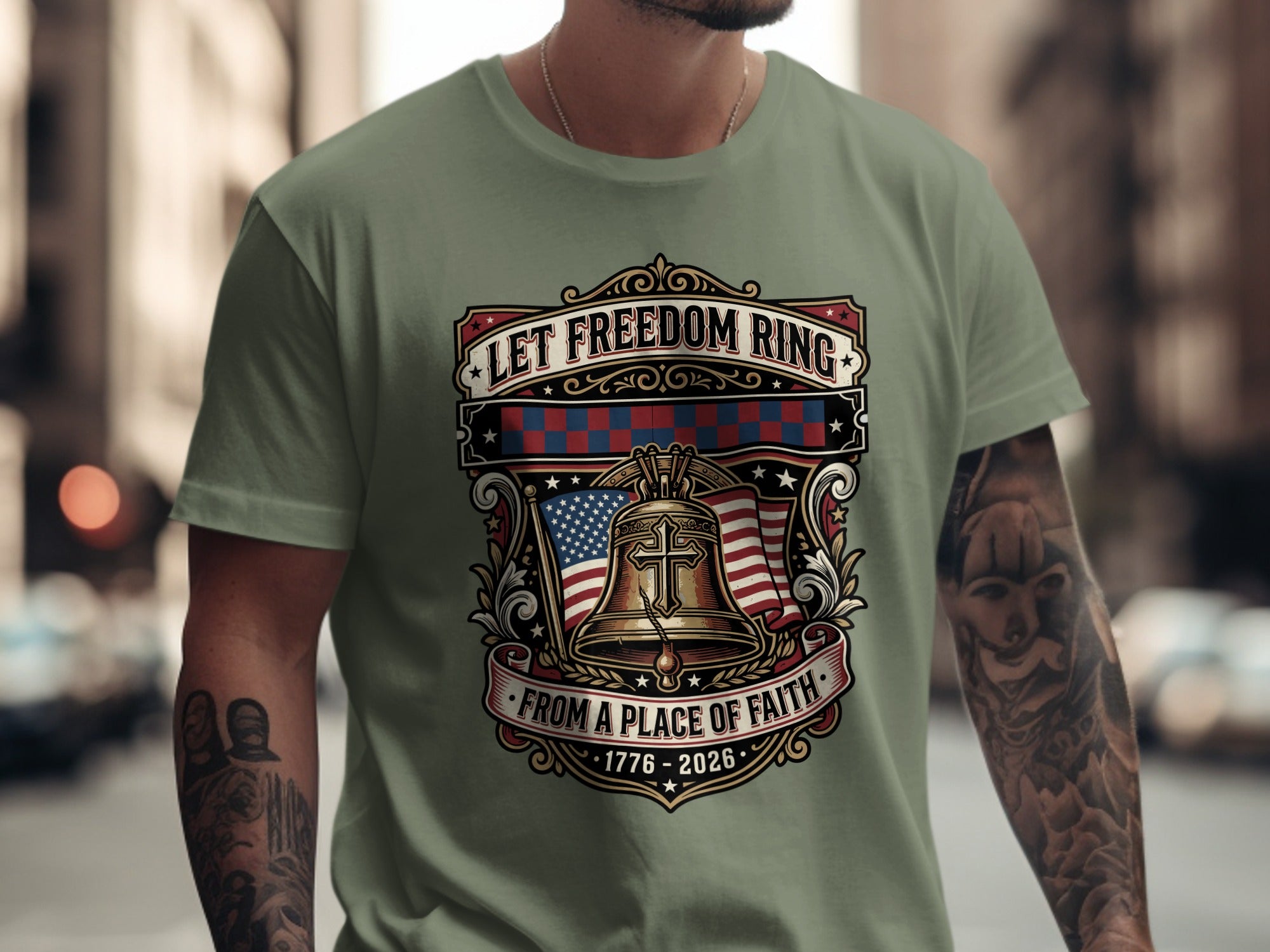 Green t-shirt with "Let Freedom Ring from a Place of Faith" and a bell design.