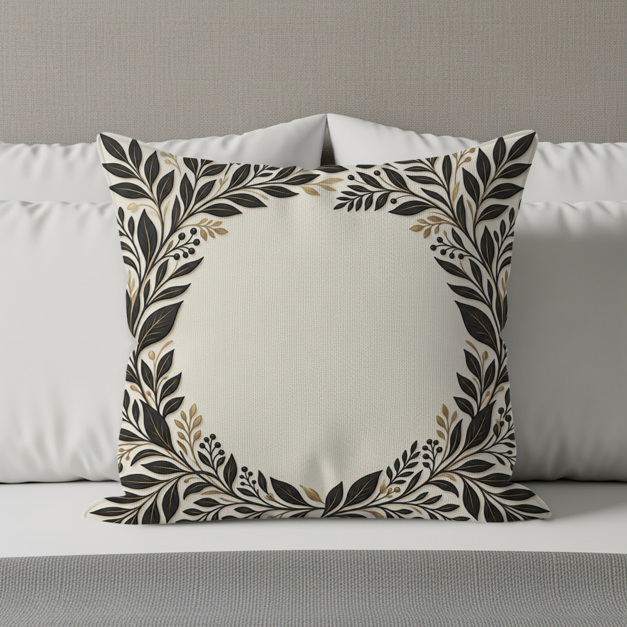 Square decorative pillow with a black and gold floral border on a bed.