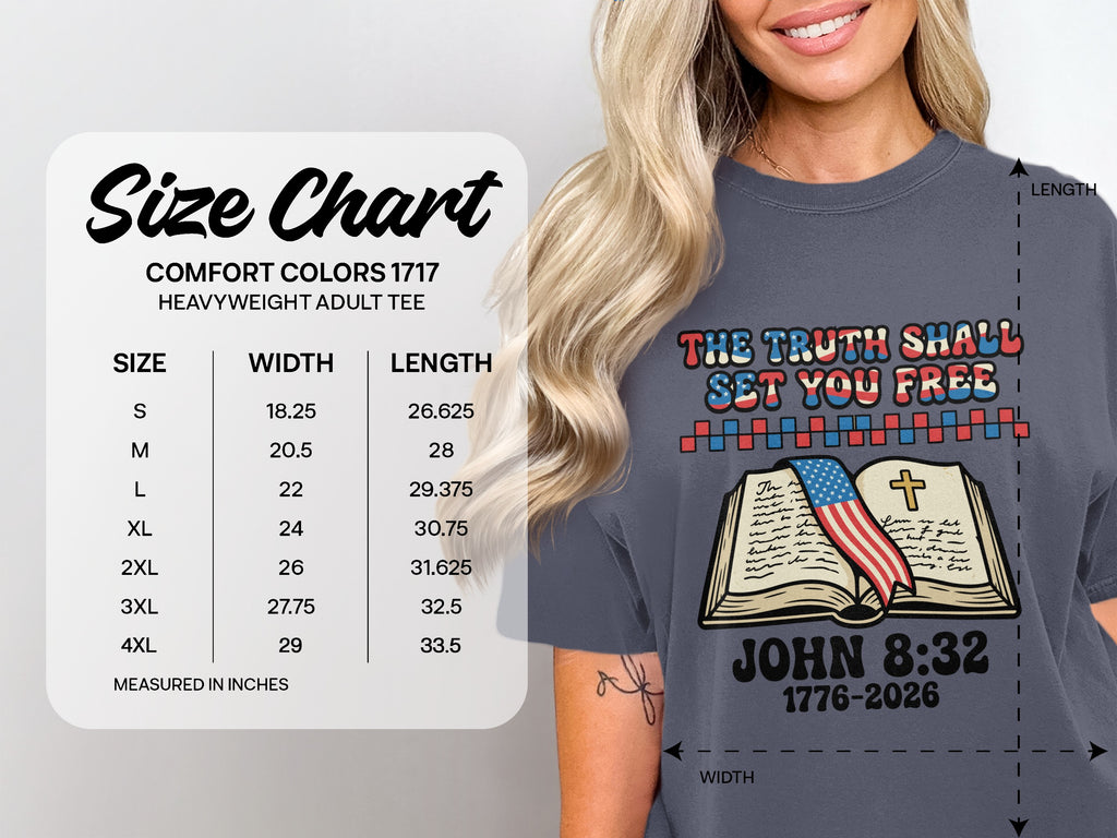 Size chart for Comfort Colors 1717 heavyweight adult tee with John 8:32 graphic.