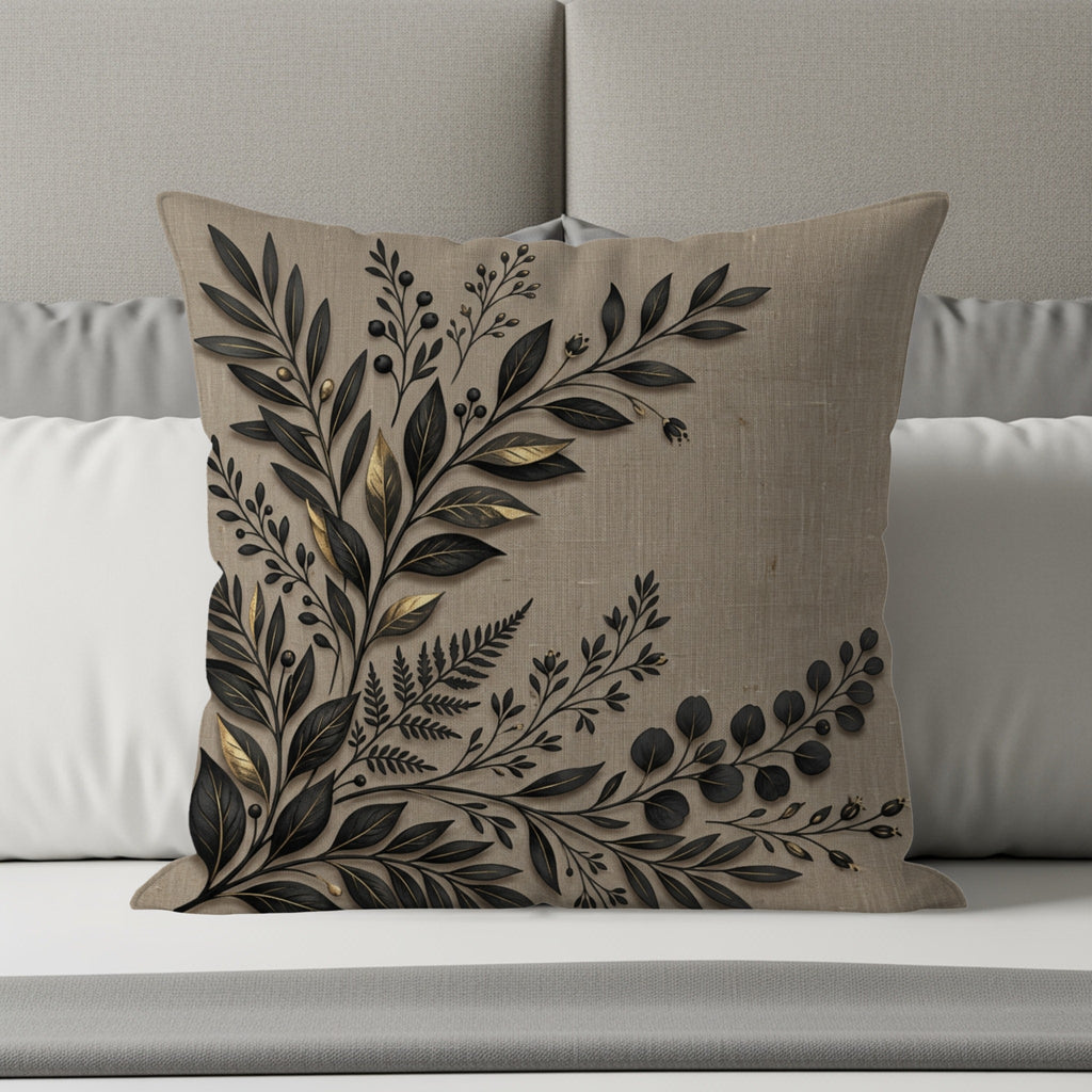 Textured pillow with dark floral and leaf embroidery on a bed.
