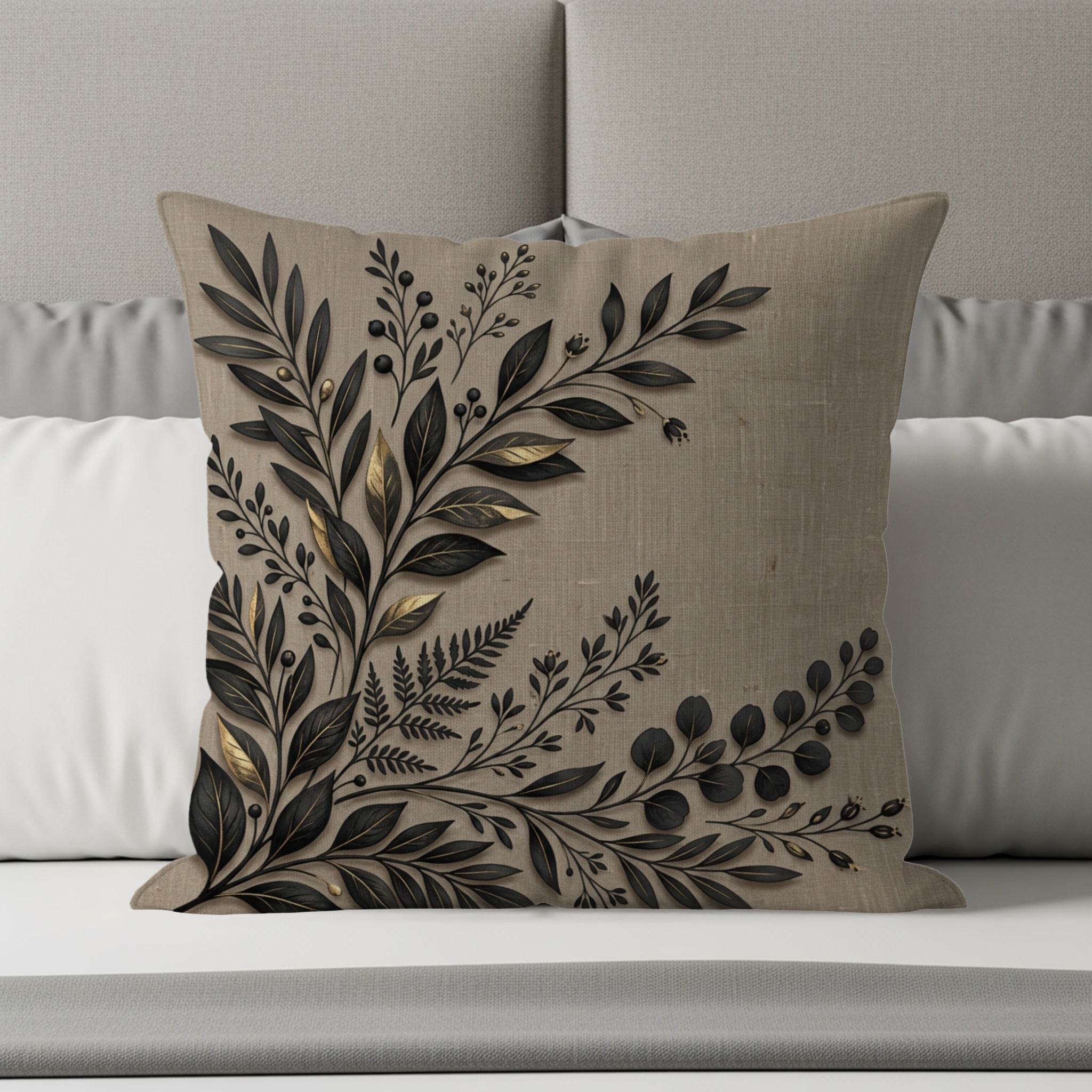 Textured pillow with dark floral and leaf embroidery on a bed.