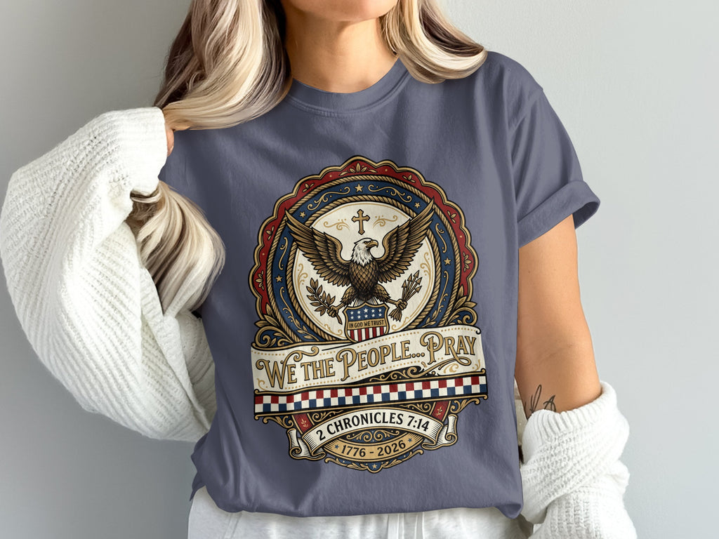 Eagle with flag and cross, "We the People Pray 1776-2026" text.