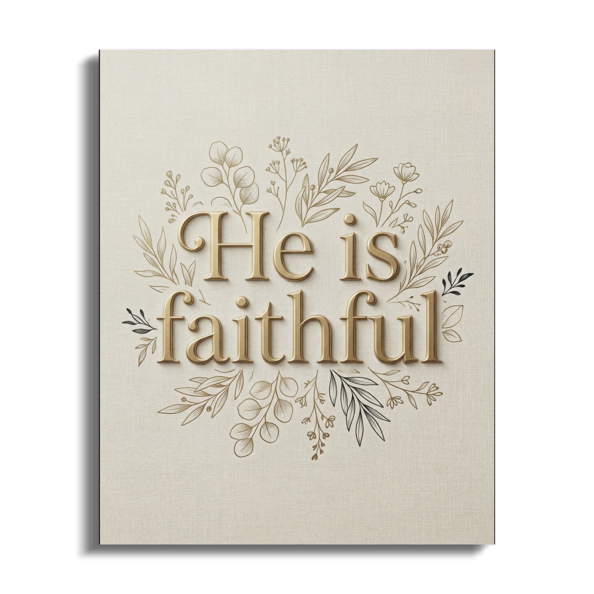 "He is faithful" text surrounded by delicate floral branches on a beige linen background.