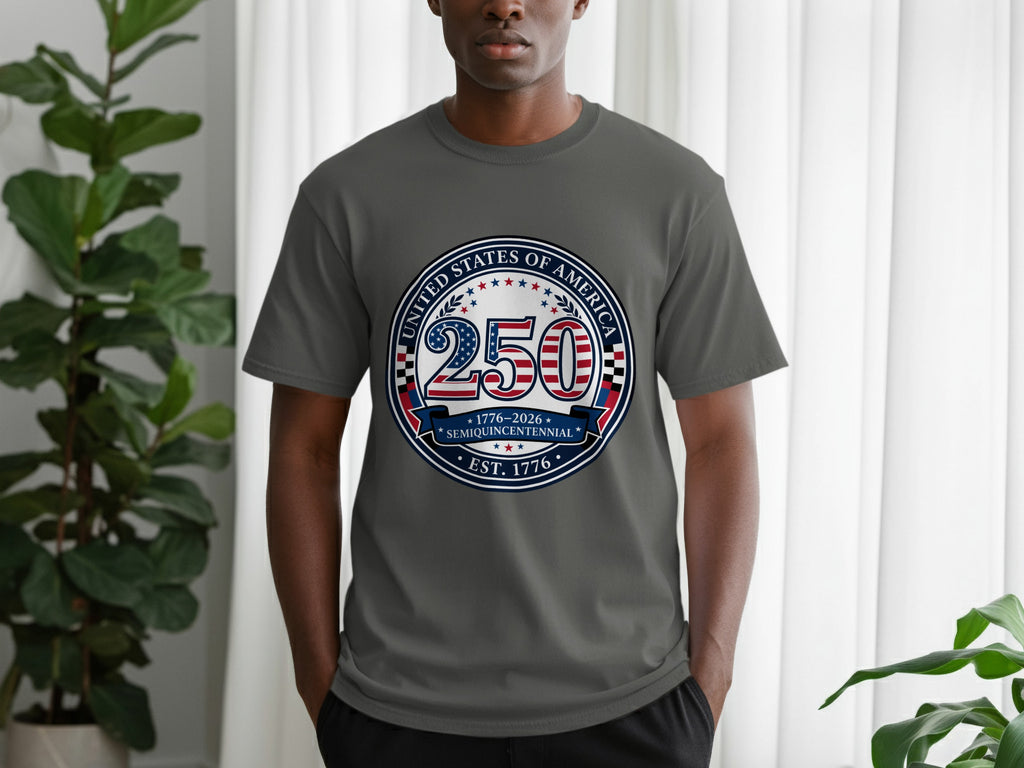 Grey t-shirt featuring circular "250 United States of America Semiquincentennial Est. 1776" graphic.