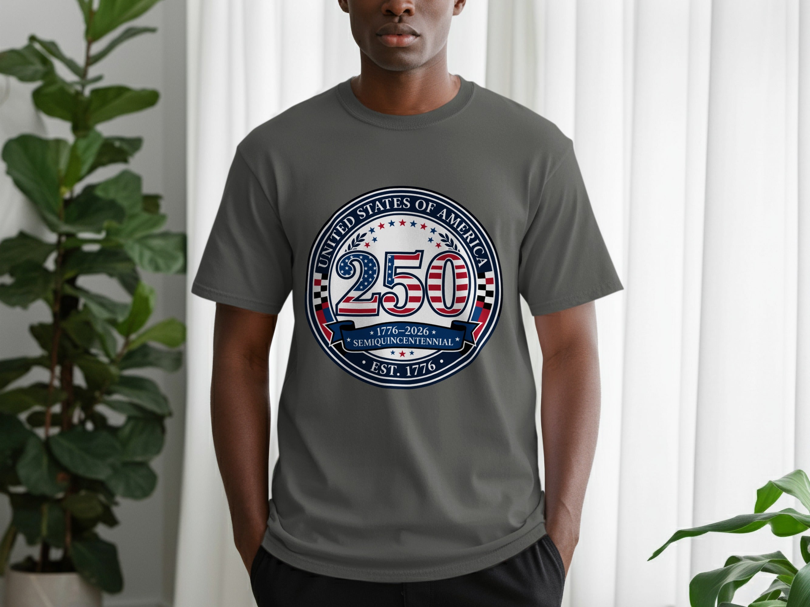 Grey t-shirt featuring circular "250 United States of America Semiquincentennial Est. 1776" graphic.