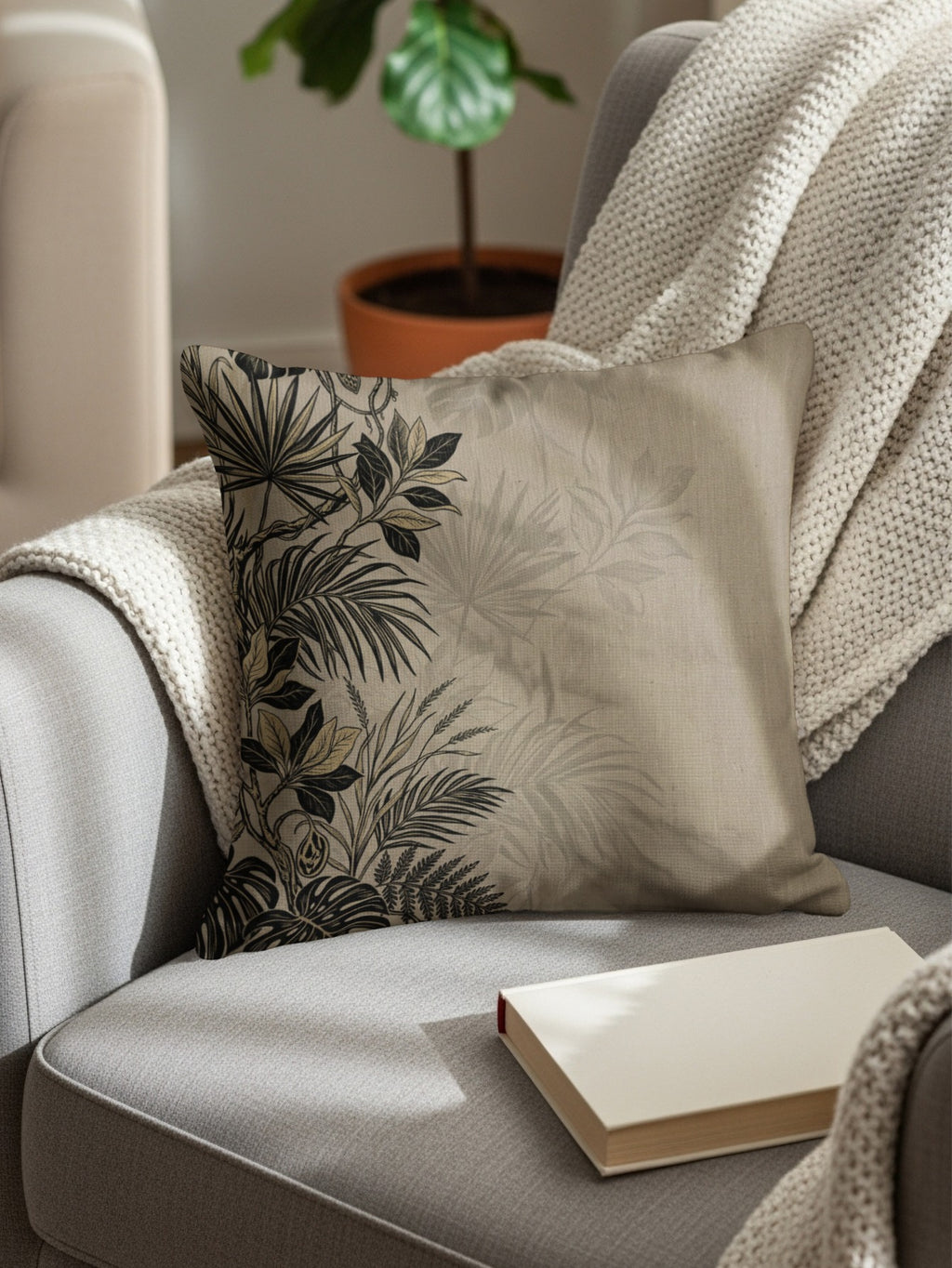 Square decorative pillow with a botanical leaf pattern on a grey armchair.