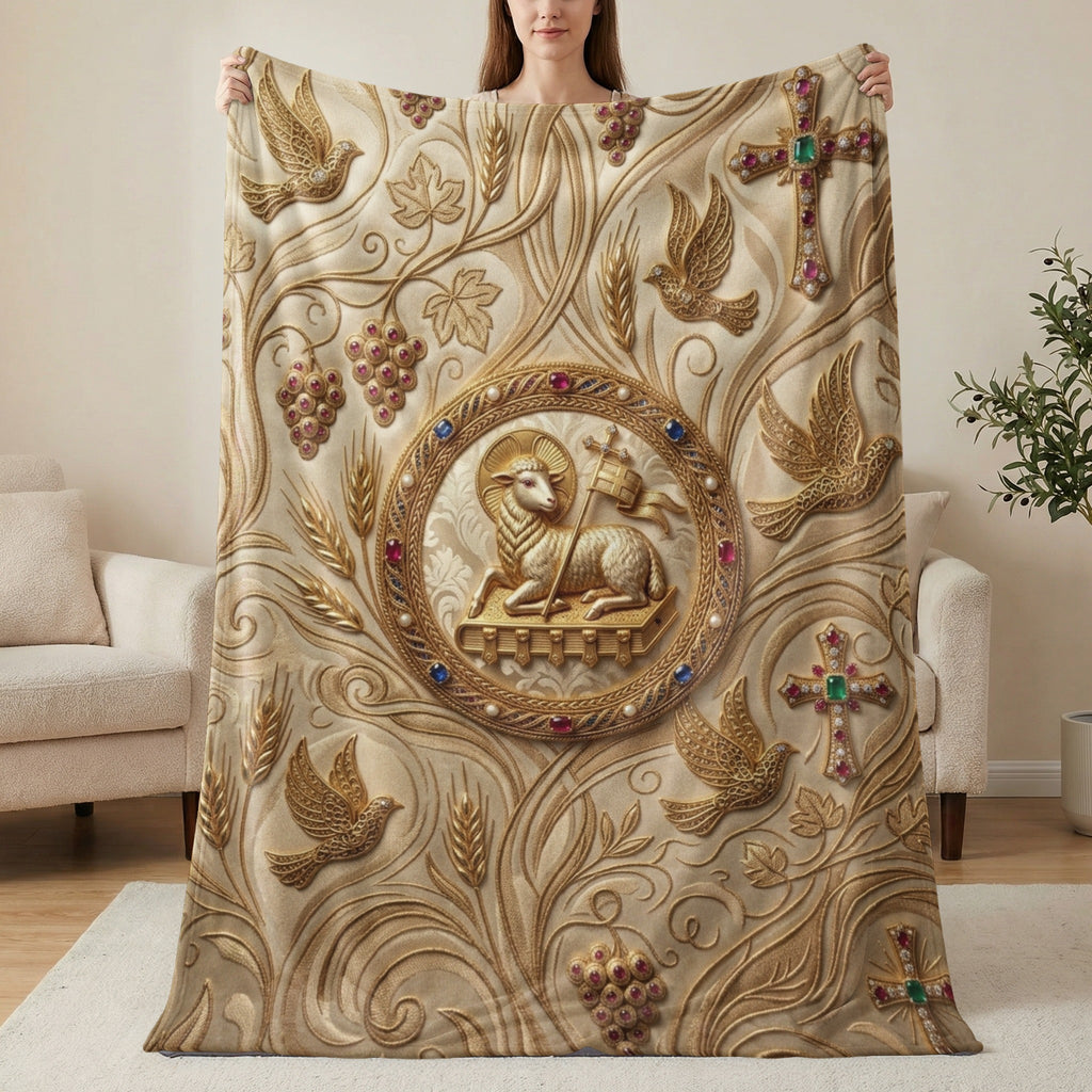 Fleece blanket with embossed lamb, grapes, wheat, and crosses.