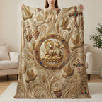Fleece blanket with embossed lamb, grapes, wheat, and crosses.