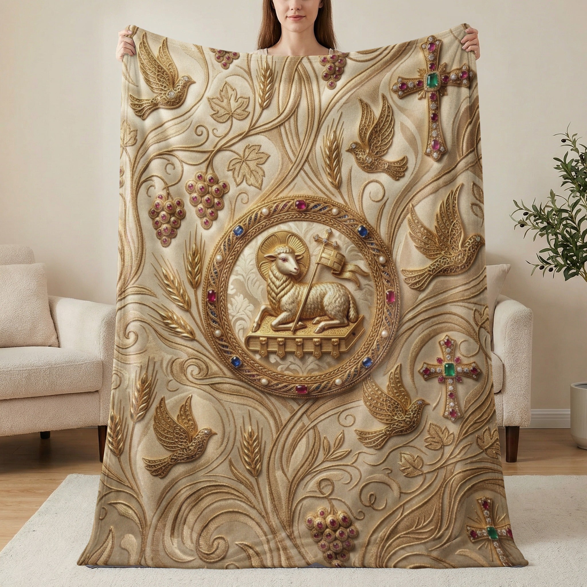 Fleece blanket with embossed lamb, grapes, wheat, and crosses.