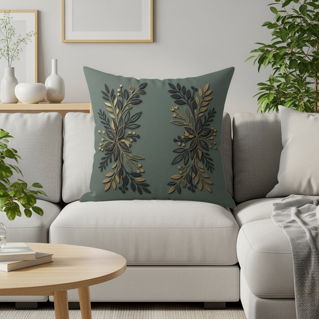 Green throw pillow with gold floral design on a gray couch.