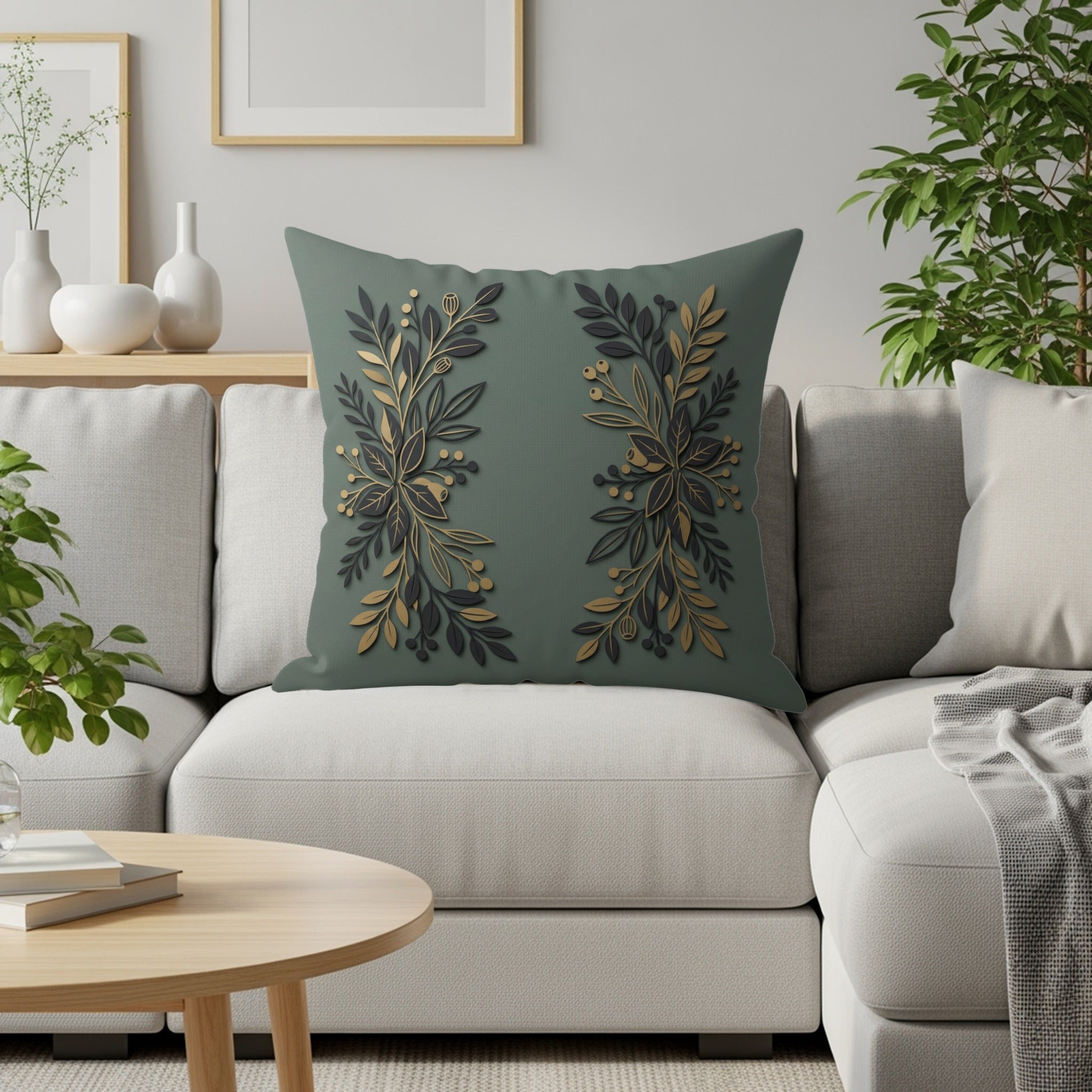 Green throw pillow with gold floral design on a gray couch.